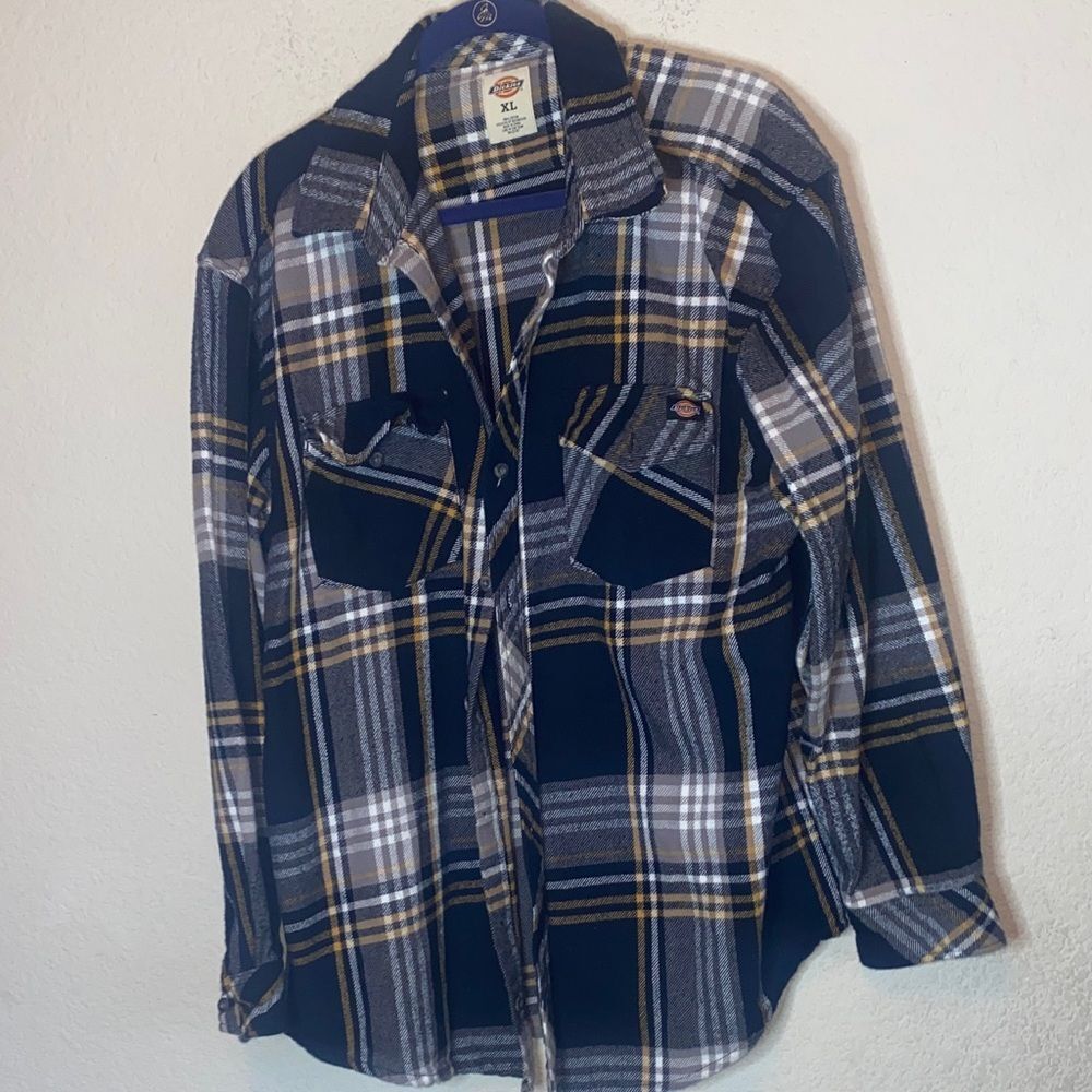 Dickies flannel shirt plaid Navy Yellow Button XL hunting cabin mountain camp